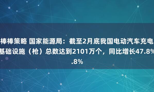 棒棒策略 国家能源局：截至2月底我国电动汽车充电基础设施（枪）总数达到2101万个，同比增长47.8%
